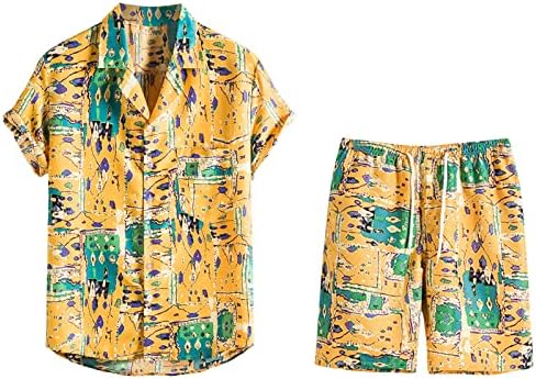Erkek Hawaii Baskı Gömlek 2 Parça Set Eşofman Erkekler Yaz Casual Düğme Aşağı Kısa Kollu Gömlek ve Şort Kıyafet