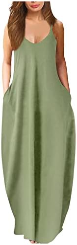Kadın Yaz Maxi Elbise Rahat Gevşek Kolsuz uzun elbise ile Cep Strappy V Boyun Plaj Cami Flowy Elbiseler