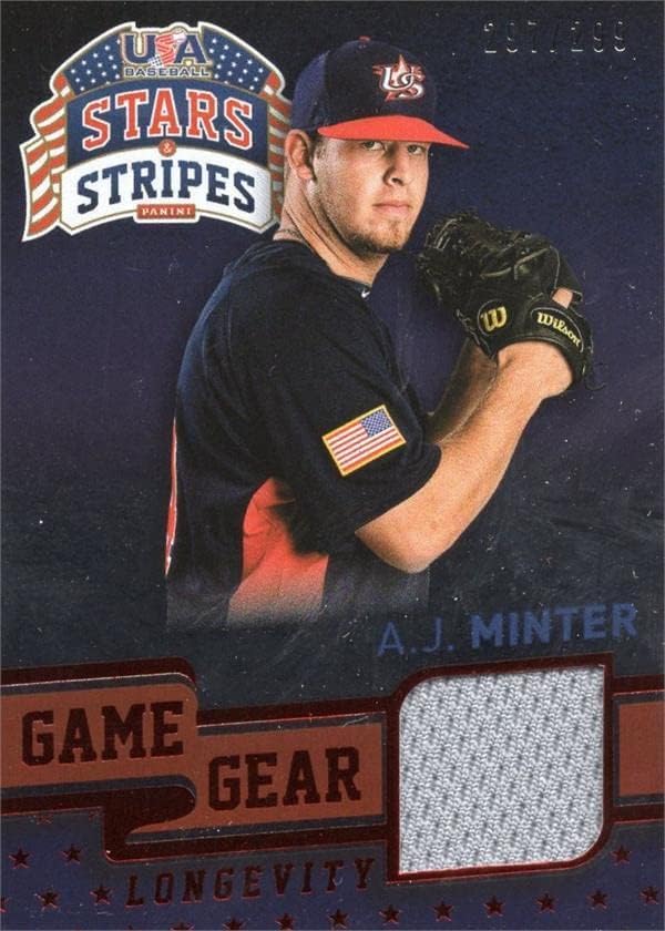 AJ Minter oyuncu yıpranmış jersey yama beyzbol kartı (Atlanta Braves, ABD) 2015 Panini Stars & Stripes Çaylak 2-MLB
