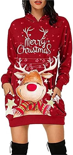 NaRHbrg Merry Christmas Hoodies Elbise Kadınlar için Baskılı Uzun Kollu Kapşonlu Tunik Kazak büyük beden kazak Jumper