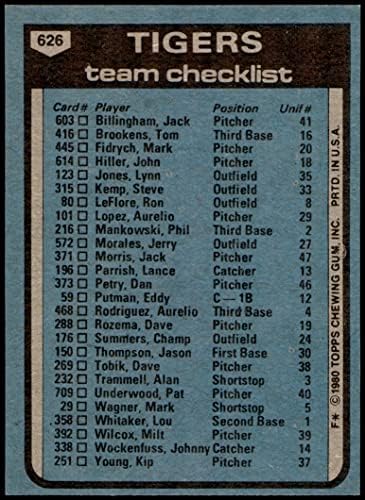 1980 Topps 626 Kaplanlar Takım Kontrol Listesi Sparky Anderson Detroit Kaplanları (Beyzbol Kartı) ESKİ / MT Kaplanları