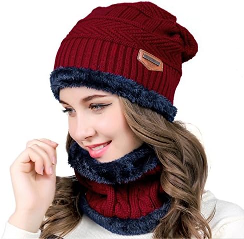 MUCO Mens Womens Kış Bere Şapka Eşarp Seti Sıcak Örgü Şapka Kalın Polar Astarlı Hımbıl Kap Boyun İsıtıcı Erkekler