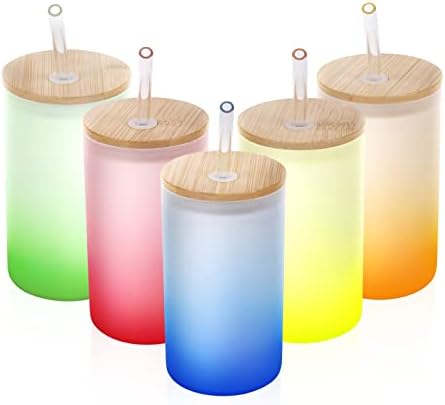 Stampcolour süblimasyon cam kutular boşlukları düz sıska bardak 16 OZ renkli 5 adet bambu kapaklı ve kupa bardak ısı
