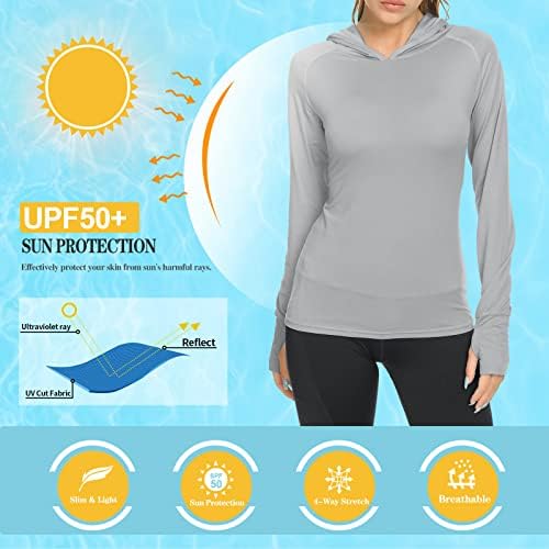 Kadın Uzun Kollu Hafif Gömlek Hoodie, UPF 50 + Güneş Koruma T-Shirt Yüzme Balıkçılık Koşu Yürüyüş