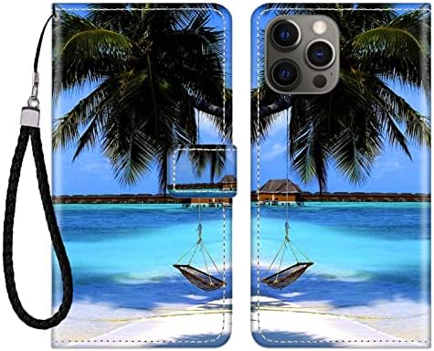 Cüzdan Kılıf iPhone 13 Pro Max Durumda Plaj Tropica Görüntüleme Standı Kart Yuvası Manyetik Toka Flap Bileklik