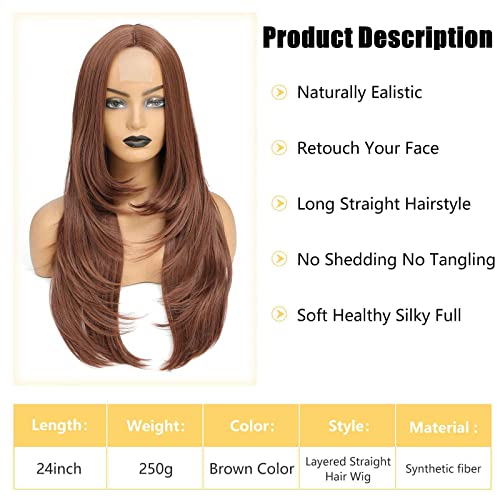 Kahverengi Renk Peruk siyah kadınlar için uzun düz peruk Uzun katmanlı peruk Sentetik orta kısmı saç doğal saç çizgisi