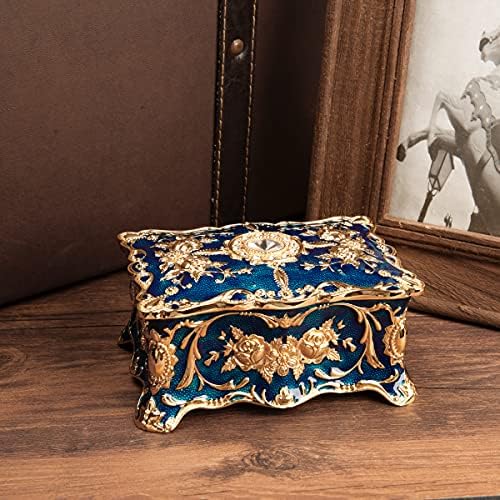 Feyarl Tiny Vintage Dikdörtgen Mavi Mini Biblo Kutusu Mücevher Kutusu Hazine Sandığı Süslü Organizatör Kutusu Düğün