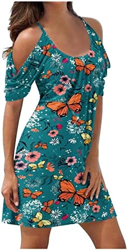 Soğuk tek omuzlu elbise Kadınlar için Çiçek Baskı Kısa Kollu Tunik Elbiseler Bayan Casual Spagetti Kayışı Gömlek Elbise