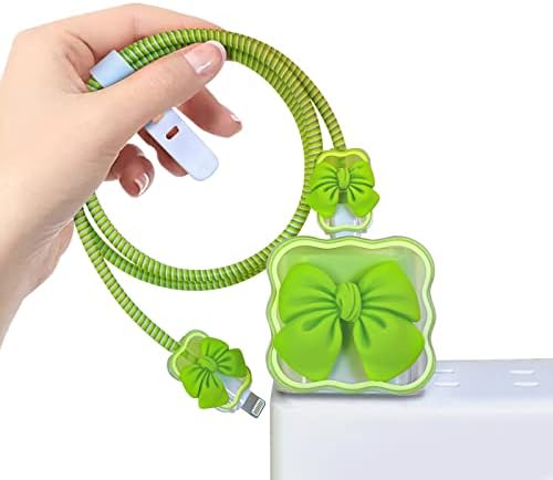 3D Gradien Yeşil Papyon Dalga Tasarımı ile iPhone 18W/20W Şarj Cihazı için Sevimli Kablo Koruyucu Seti, Şeffaf Yumuşak