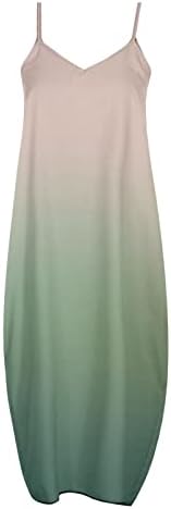 Kadın Spagetti Kayışı Salıncak Flowy Sundress Degrade Maxi Sundress Yaz Casual Kolsuz Uzun Elbiseler Cepler ile