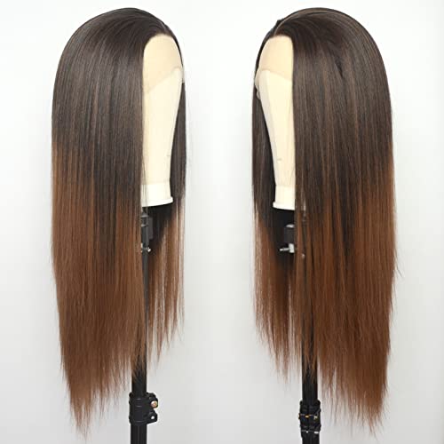 Luwıgs Ombre kahverengi Açık kahverengi peruk uzun düz ısıya dayanıklı sentetik peruk siyah kadınlar için Yüksek sıcaklık