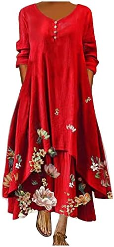 YUHEDADA Kadın Artı Boyutu Bohemian Çiçek Baskı Maxi Elbise Uzun Kollu Yuvarlak Boyun Düzensiz Katmanlı Hem Parti