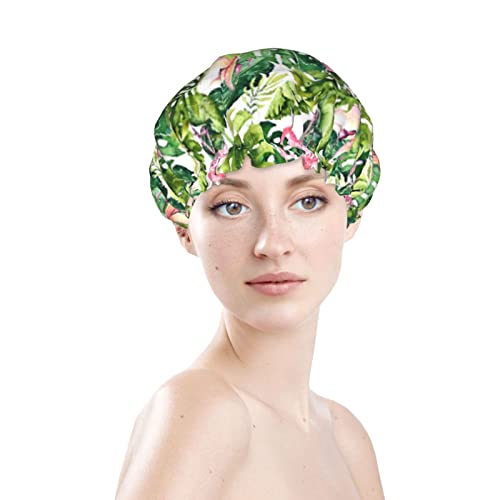 Kadınlar Kullanımlık Streç Hem Saç Şapka Tropikal Yapraklar Flamingo Yaz Çift Katmanlar Su Geçirmez Duş Başlığı banyo
