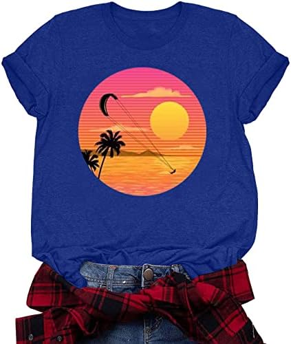 Kadınlar için üstleri Rahat Kısa Kollu Hindistan Cevizi Ağacı Baskı Grafik Tees Gevşek V Boyun Tatil Plaj Gömlek Bluzlar