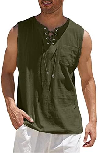 Erkek Moda Rahat Düz Renk Pamuk Ve Keten Dantel Yaka Kolsuz Gömlek Yelek Kolsuz Ceket Erkek T Shirt