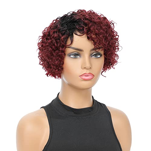 ISHİNE kıvırcık kırmızı insan saçı Peruk, 8 inç Kısa Bob Peri Kesim Brezilyalı insan saçı peruk, Bordo Kırmızı Koyu
